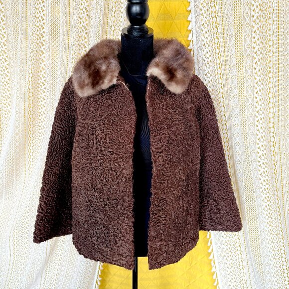 Vintage 60s Brown Persian Lamb Wool and Mink Fur Coat Size M-L - Picture 5 of 16